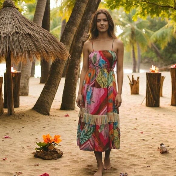 Farm Rio Anthropologie Palila Fringed Midi Sun Dress Beaded Multicolor Satin L - Picture 2 of 14